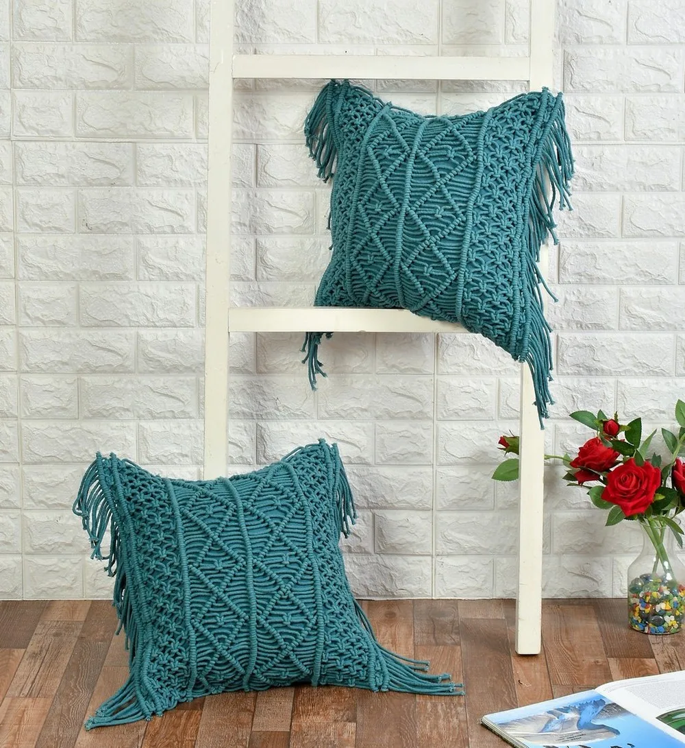 Macrame Cushion Cover, Diamond Chain, 16x16 Inches, Blue