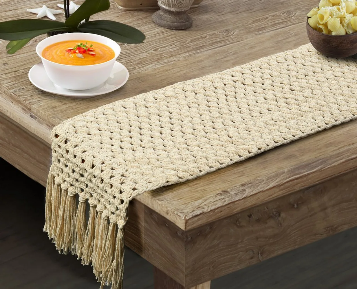 Cotton Table Runner Crochet Lace, Off-White, 13x80 inches