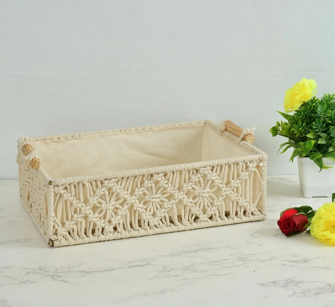 Macrame Wireframe Desk Tray Basket, Rectangle, 10x14.5x4.3 inch