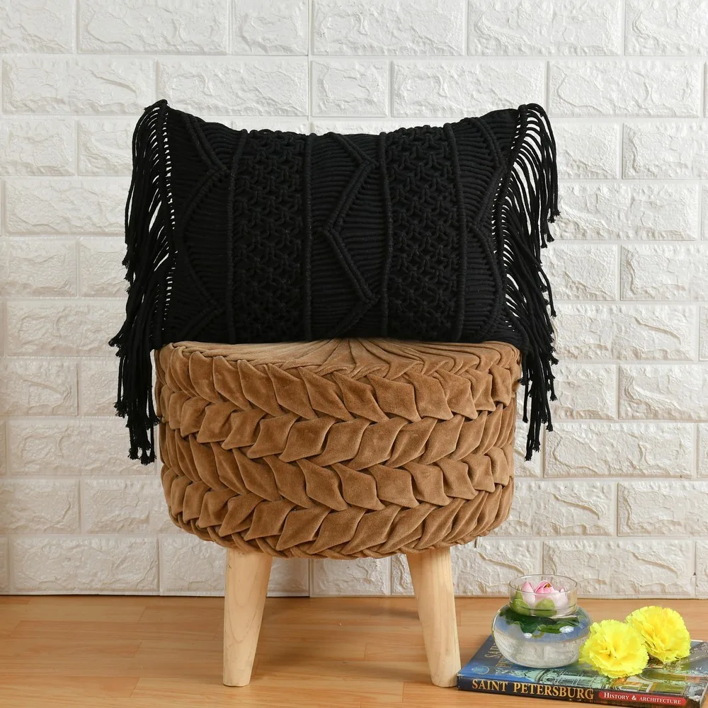 Macrame Cushion Cover Zigzag chain, 18x12 Inches, Black, Pack of 1