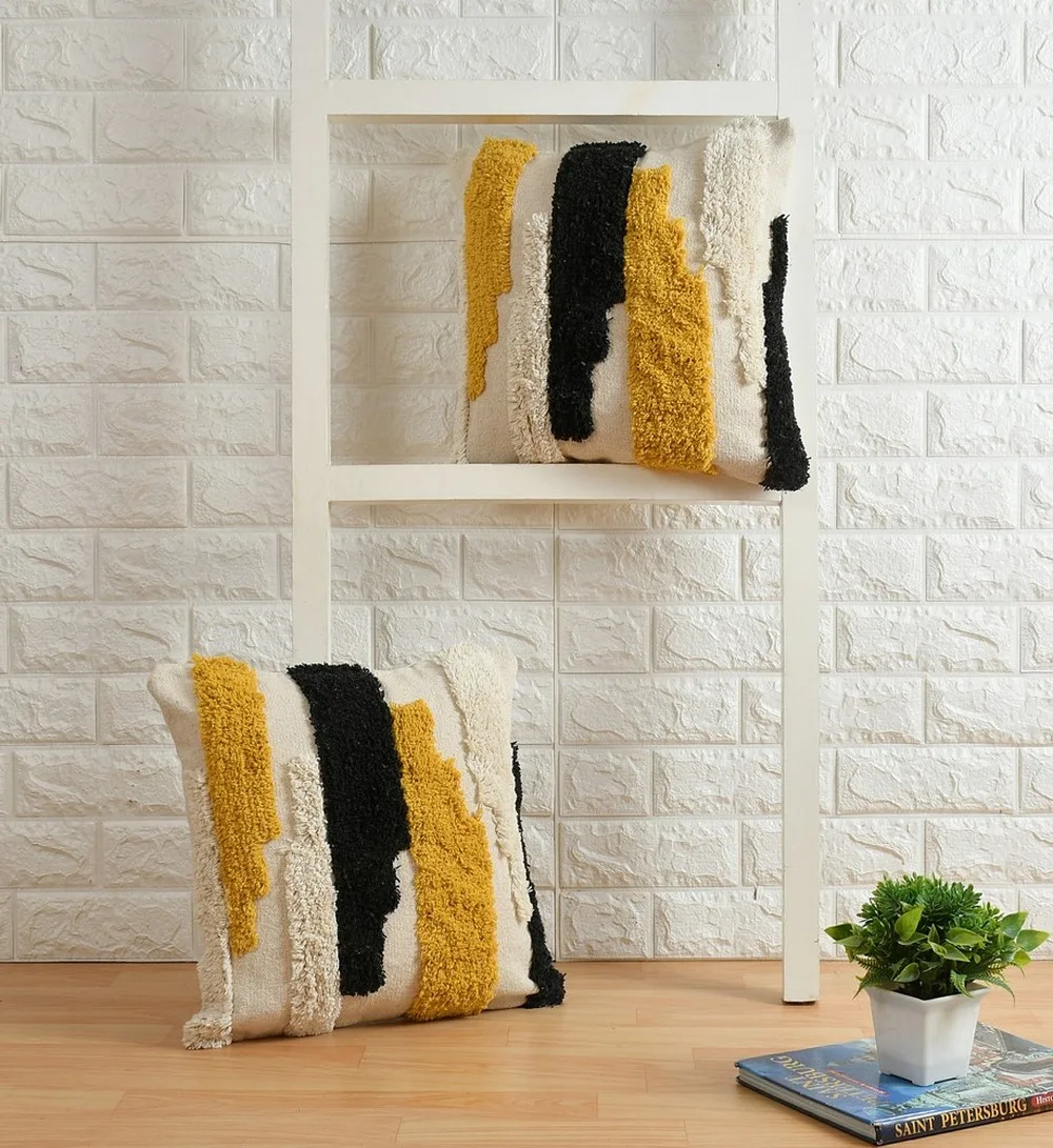 Abstract Designer Tufted Cushion Cover, Off White, Black, Yellow, 16x16