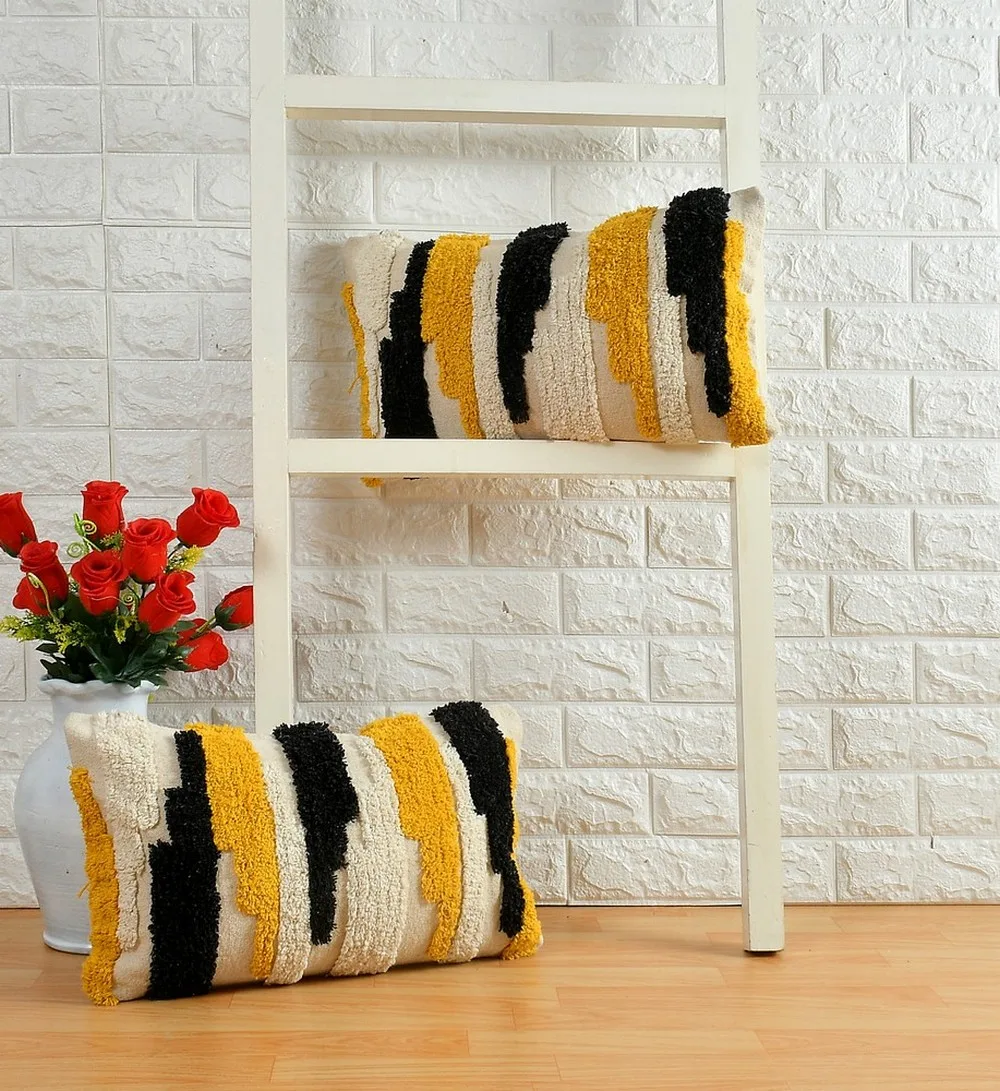 Abstract Designer Tufted Cushion Cover, Off White, Black, Yellow, 20x12