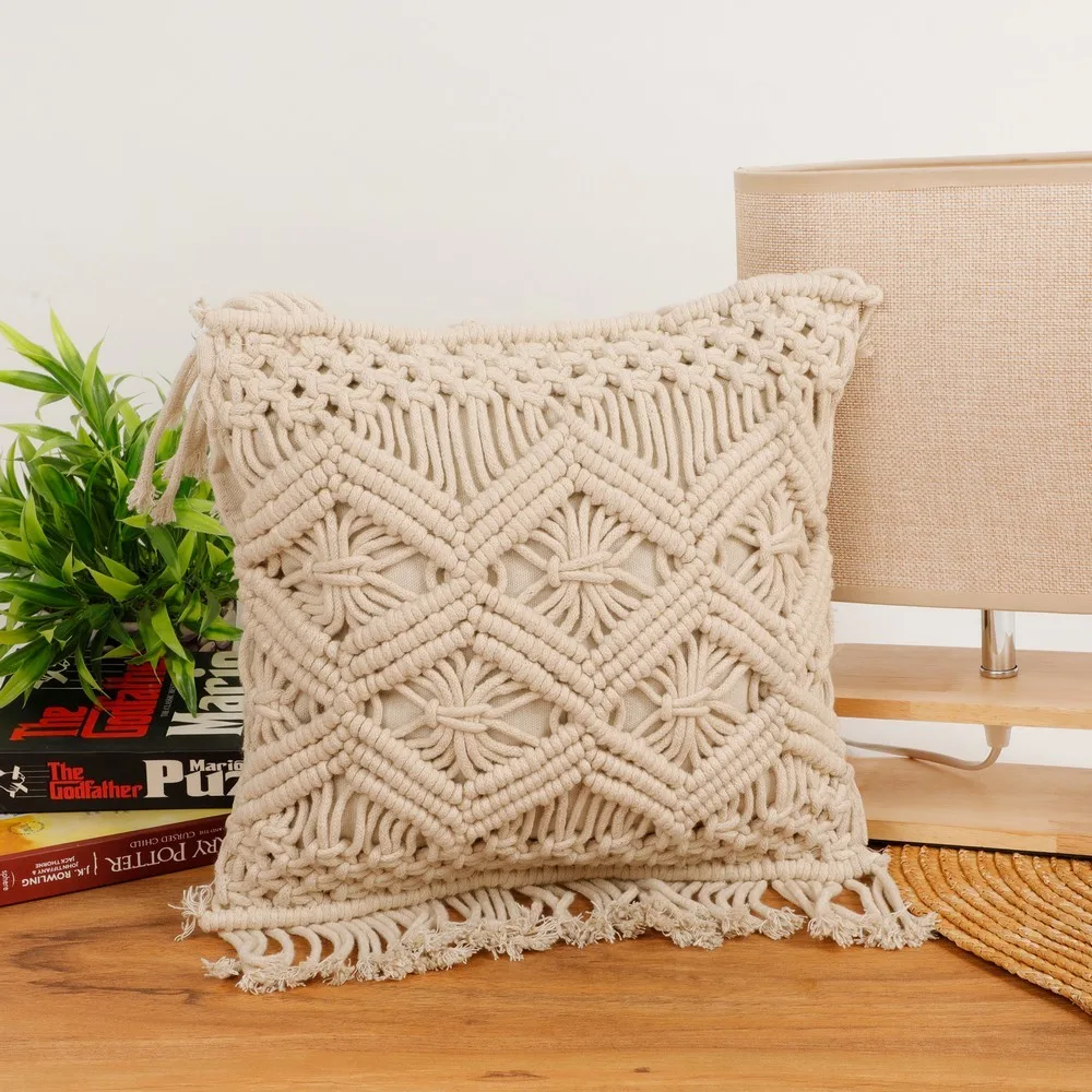 Macrame Cushion Cover, Zig Zag Lines Diamond Boxes, 12x12, Pack of 1
