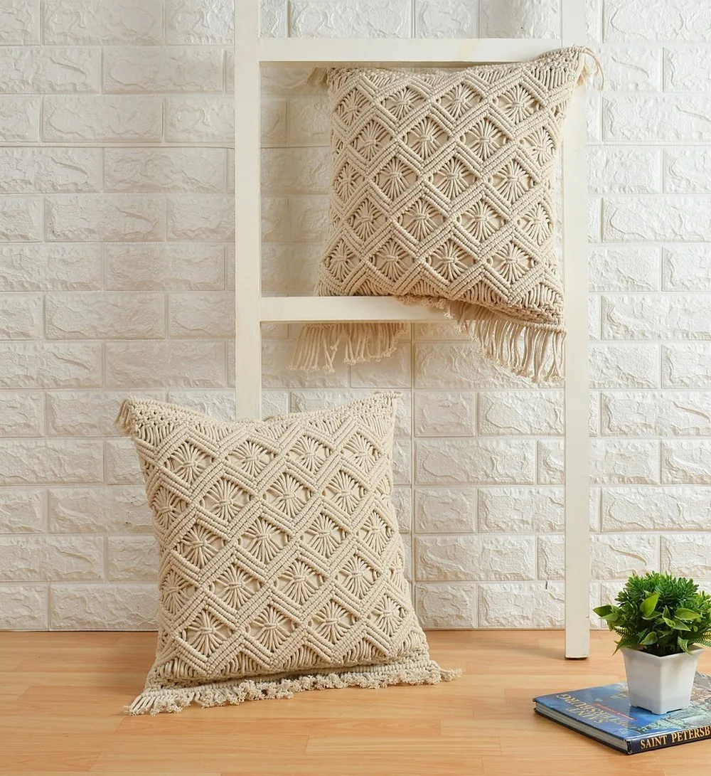 Macrame Cushion Cover, Zig Zag Lines Diamond Boxes, 18x18 inches, Off-White