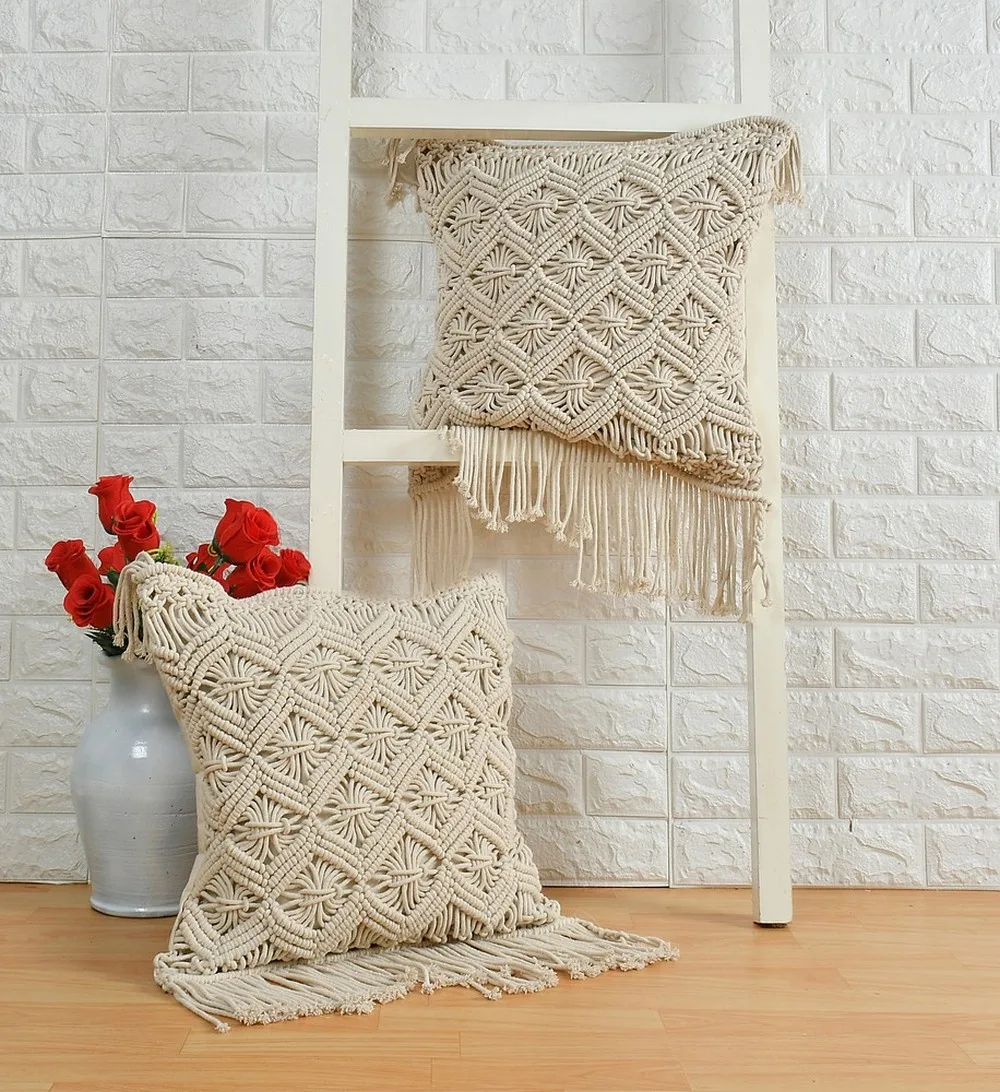 Macrame Cushion Cover, Zig Zag Lines Diamond Boxes, 18x18 inches, Pack of 1