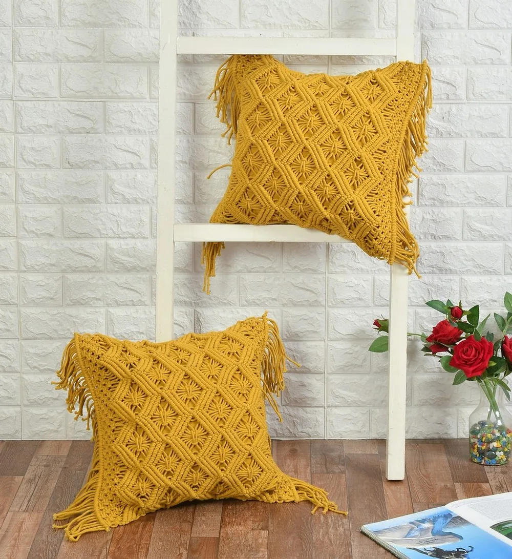 Macrame Cushion Cover, Zig Zag Lines Diamond Boxes, 18x18, Yellow