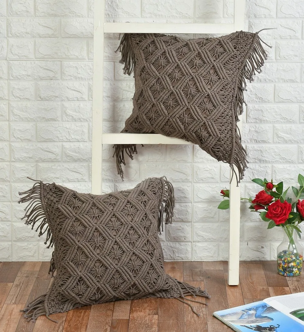 Macrame Cushion Cover, Zig Zag Lines Diamond Boxes, 18x18, Grey