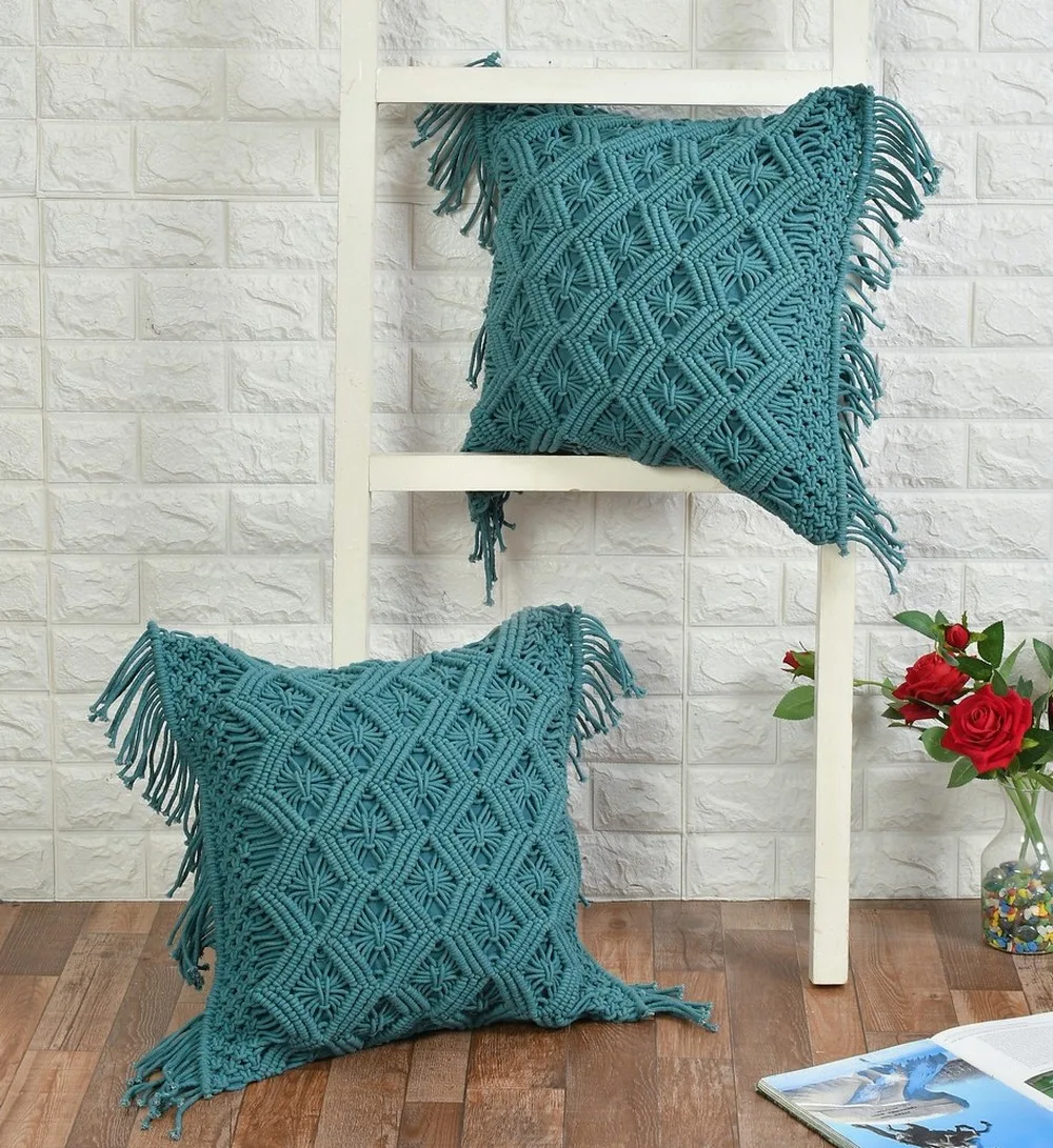 Macrame Cushion Cover, Zig Zag Lines Diamond Boxes, 18x18, Blue