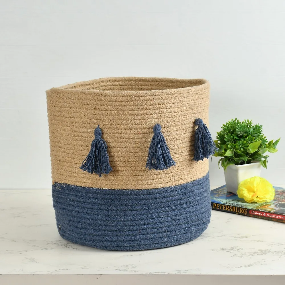 Jute Cotton Basket, Tassels, Blue Base, 12x12 inhces