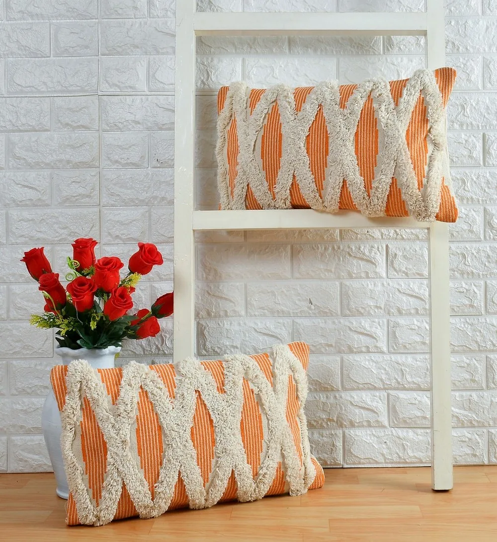 Tufted Diamond 5 Blocks Across Cushion Cover, Orange, 12x20 inches