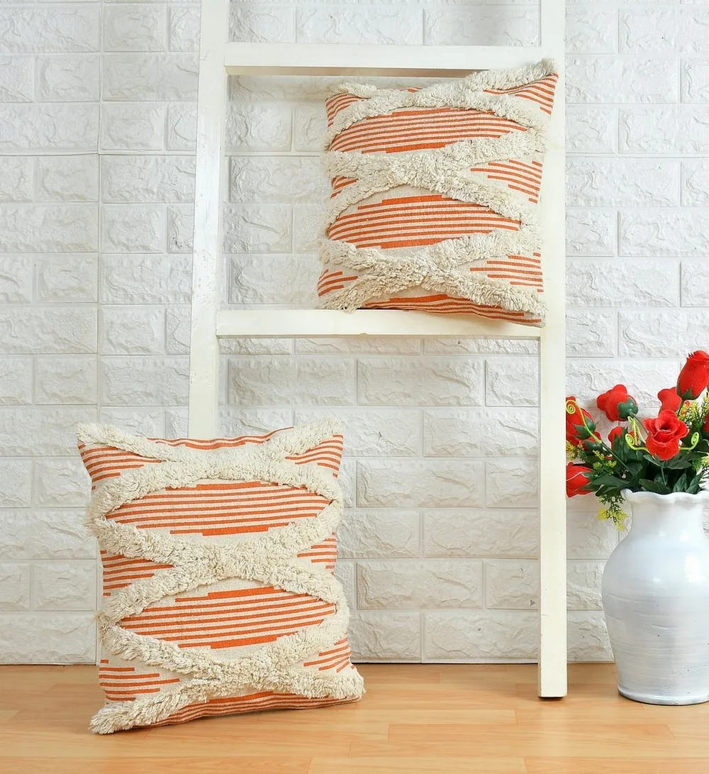 Tufted Diamond 2 Blocks Across Cushion Cover, Orange, 16x16 inches