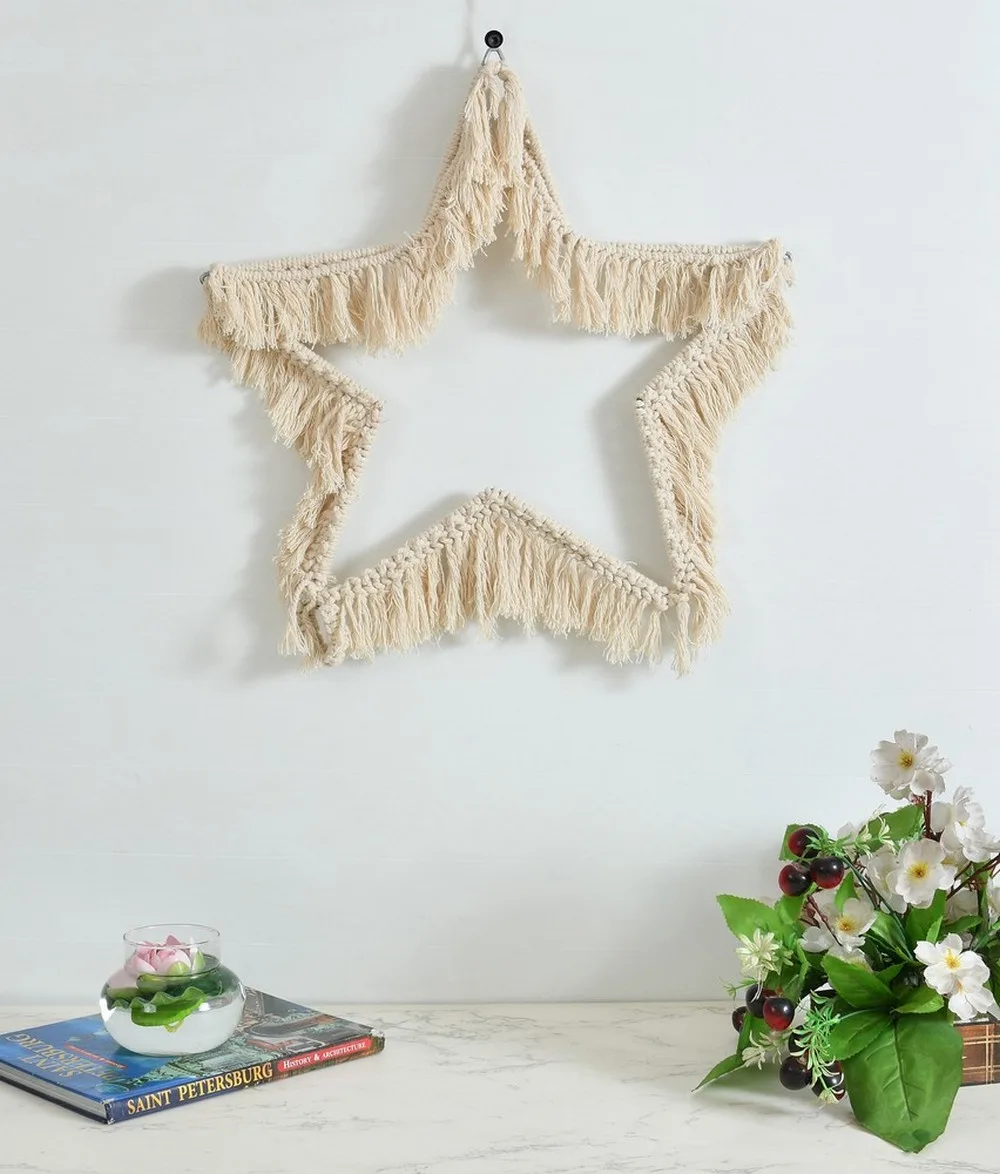 Star shape side fringes macrame wall hanging, 20x20 inches