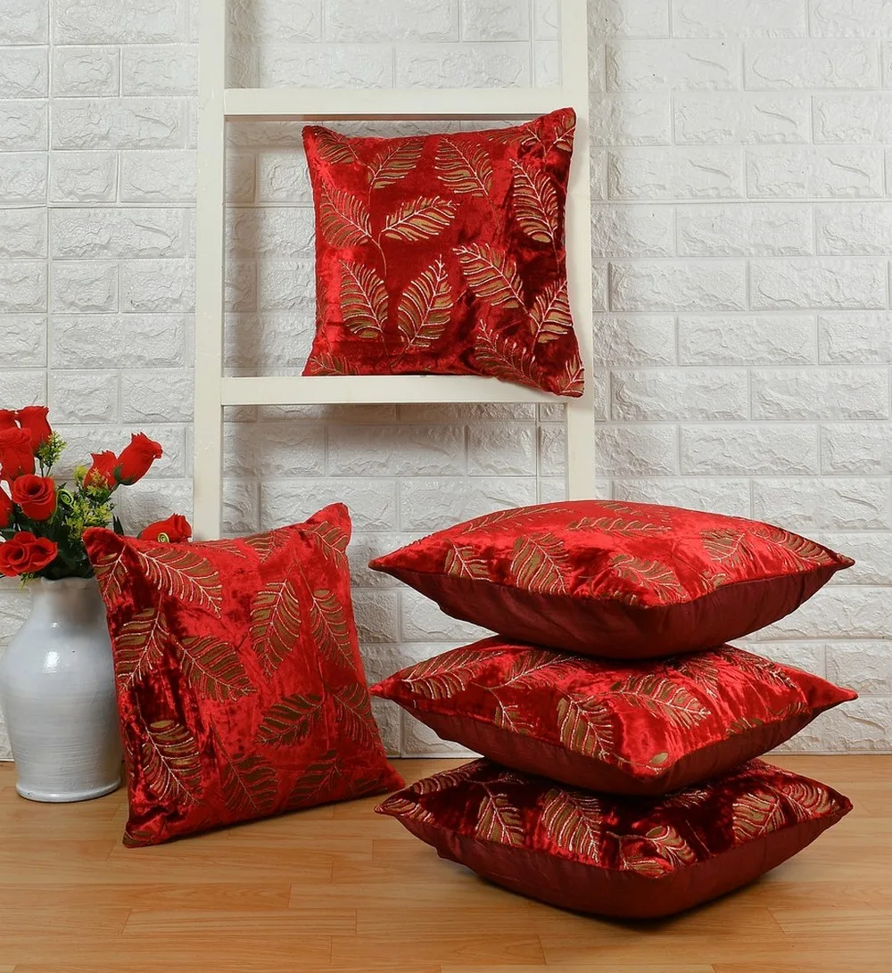 Leaf pattern viscose velvet cushion cover, Maroon, 16x16 inches, Set of 5