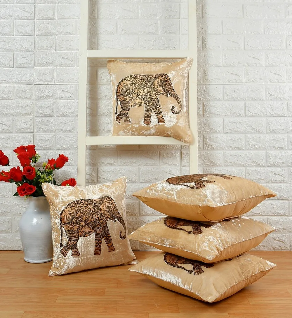 Elephant design viscose velvet cushion cover, Cream, 16x16 inches, Set of 5