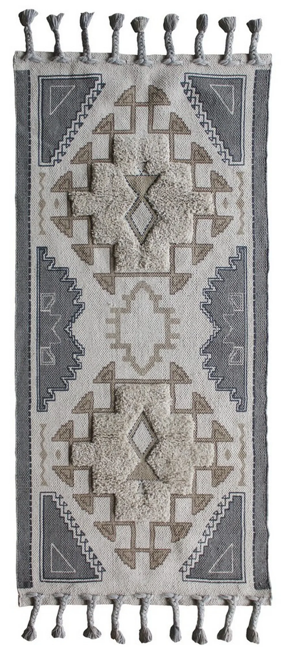 Tufted Printed Cotton Dhurrie Bedside runner with Tassels, Grey, Brown, 63x31 inches