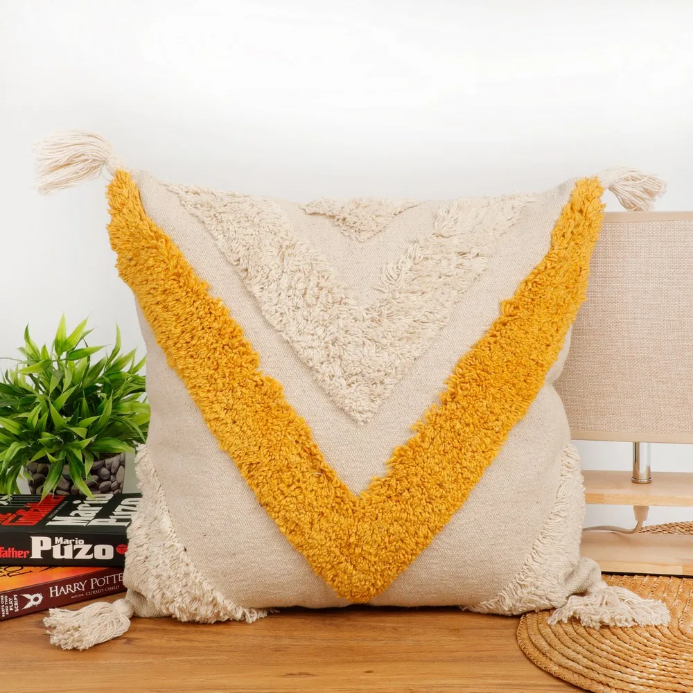 Tufted Cushion Cover Top Triangles, Tassles, Yellow, Off-White, 16 inches
