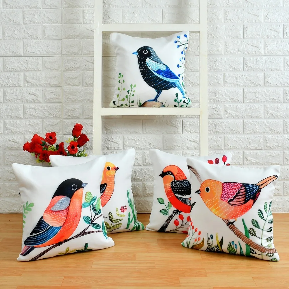 Jute Printed Cushion Cover Bird on Branch, 16x16 inches, Set of 5