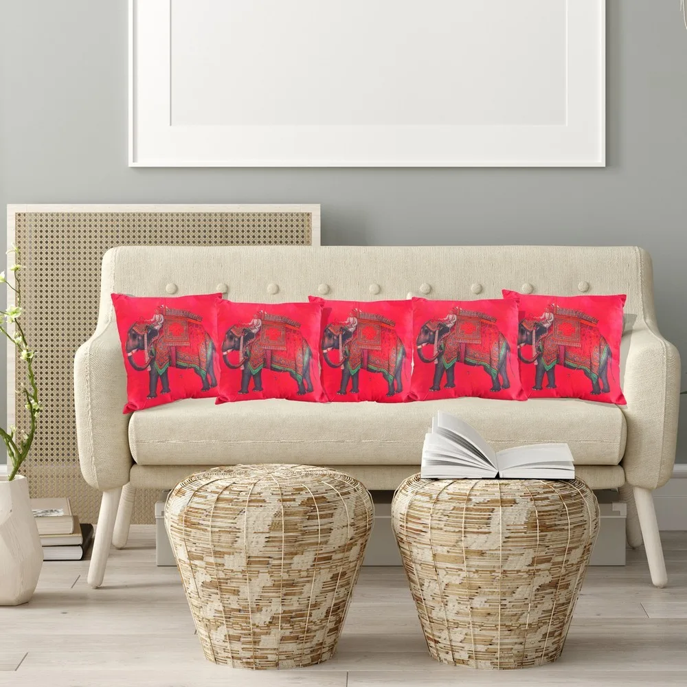 Jute Elephant Printed Cushion Cover, 16x16 inches, Set of 5