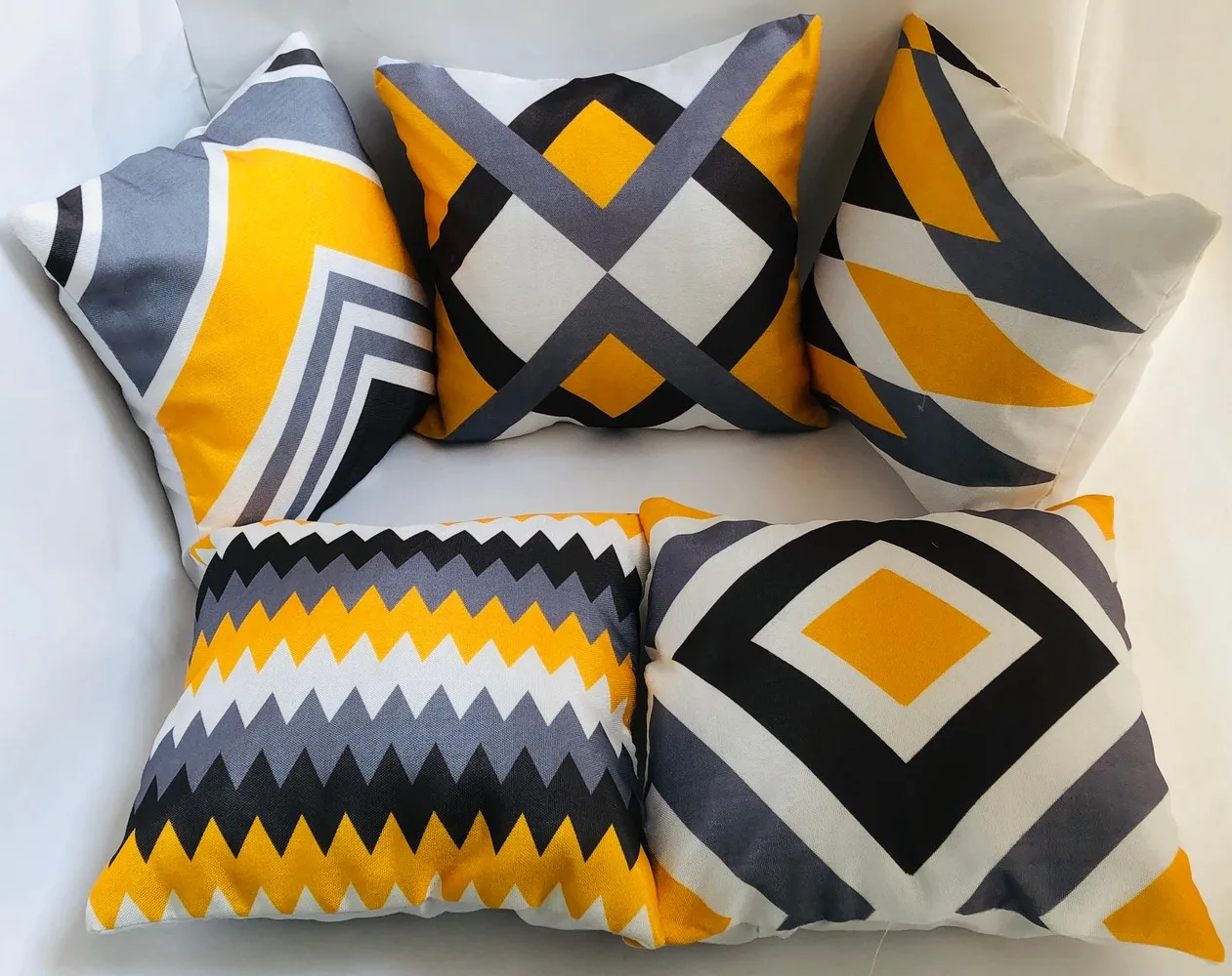 Jute Printed Cushion Cover Yellow Grey Abstract, 16x16 inches, Set of 5