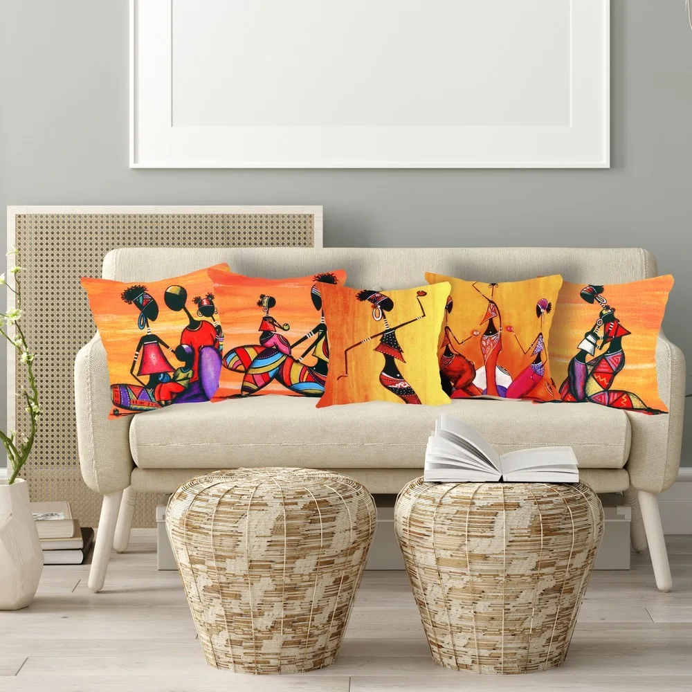 Jute Printed Cushion Cover African Abstract, Orange Yellow, 12x12, Set of 5