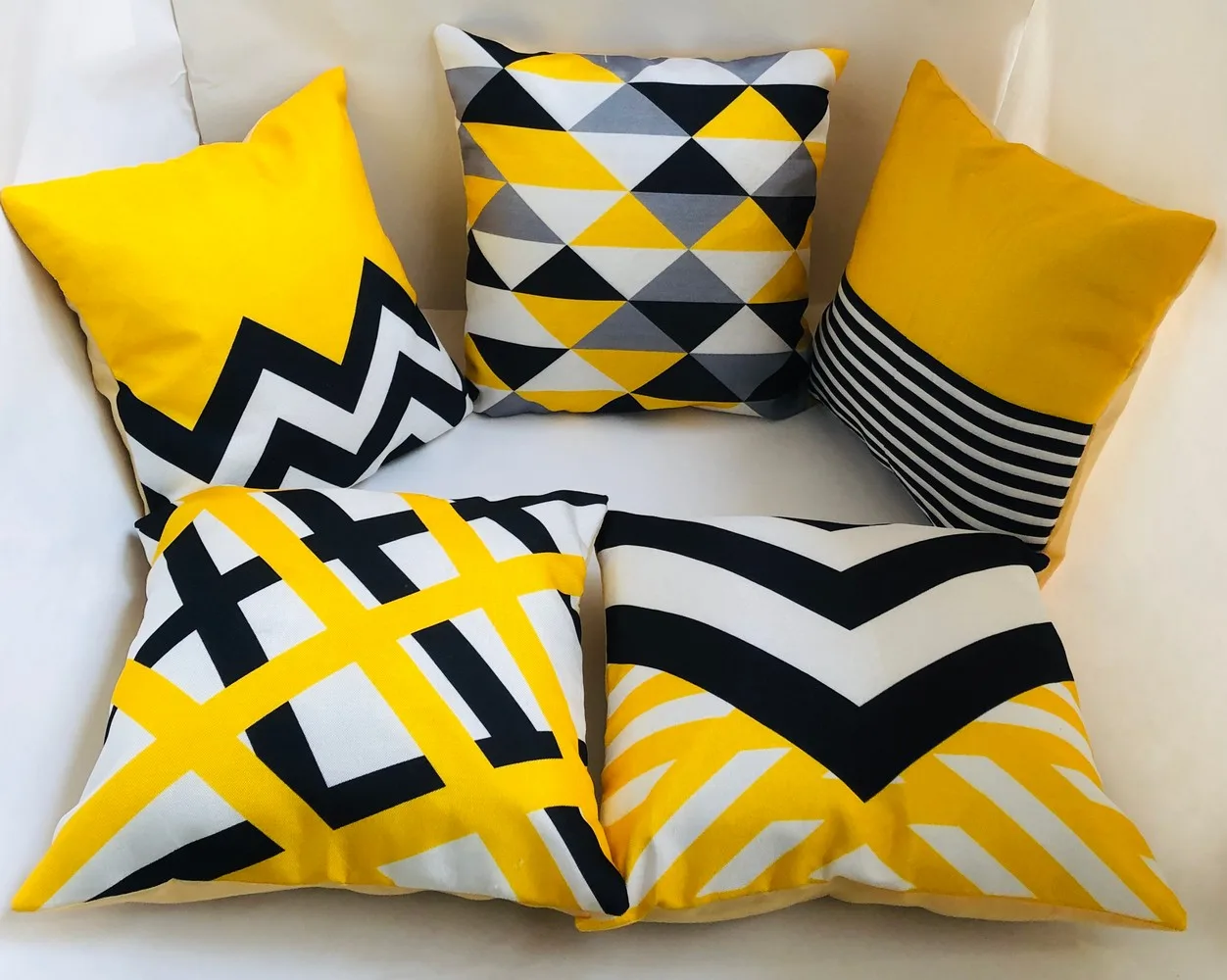 Jute Printed Cushion Cover Abstract Yellow Black, 16x16 inches, Set of 5