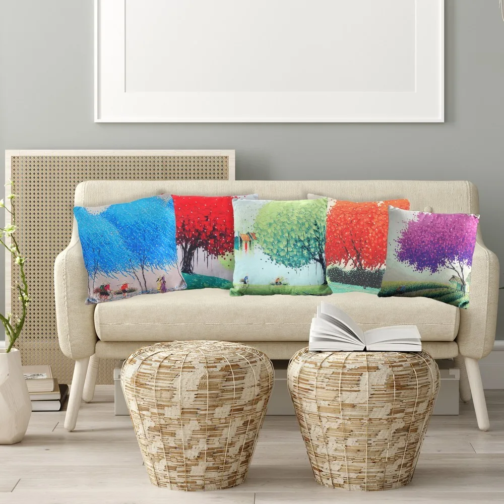 Jute Printed Cushion Cover Lively Trees, 16x16, Set of 5