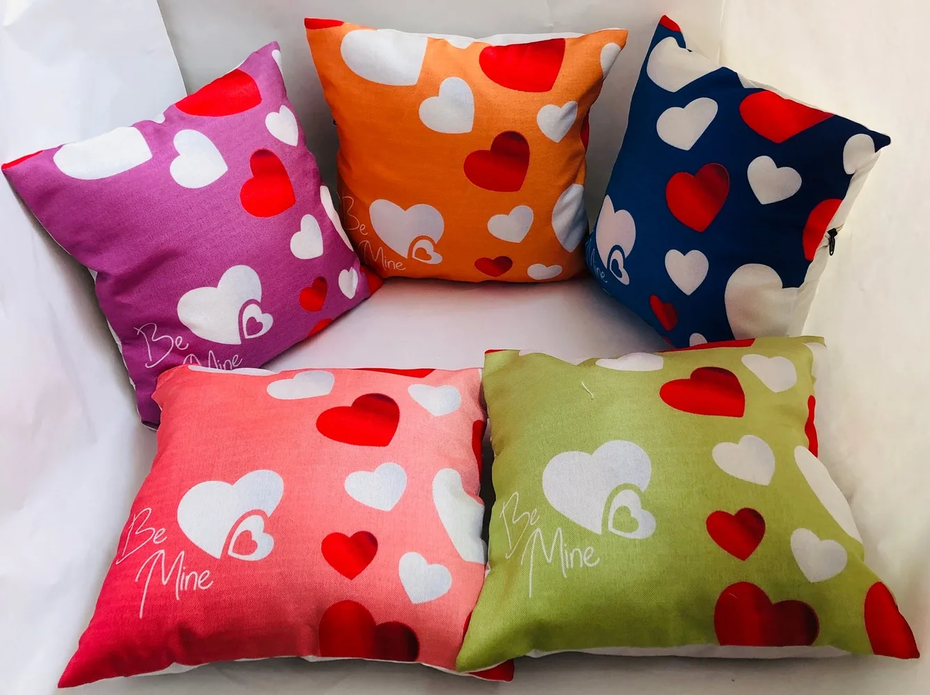 Hearts printed cushion cover jute, 16x16, Set of 5