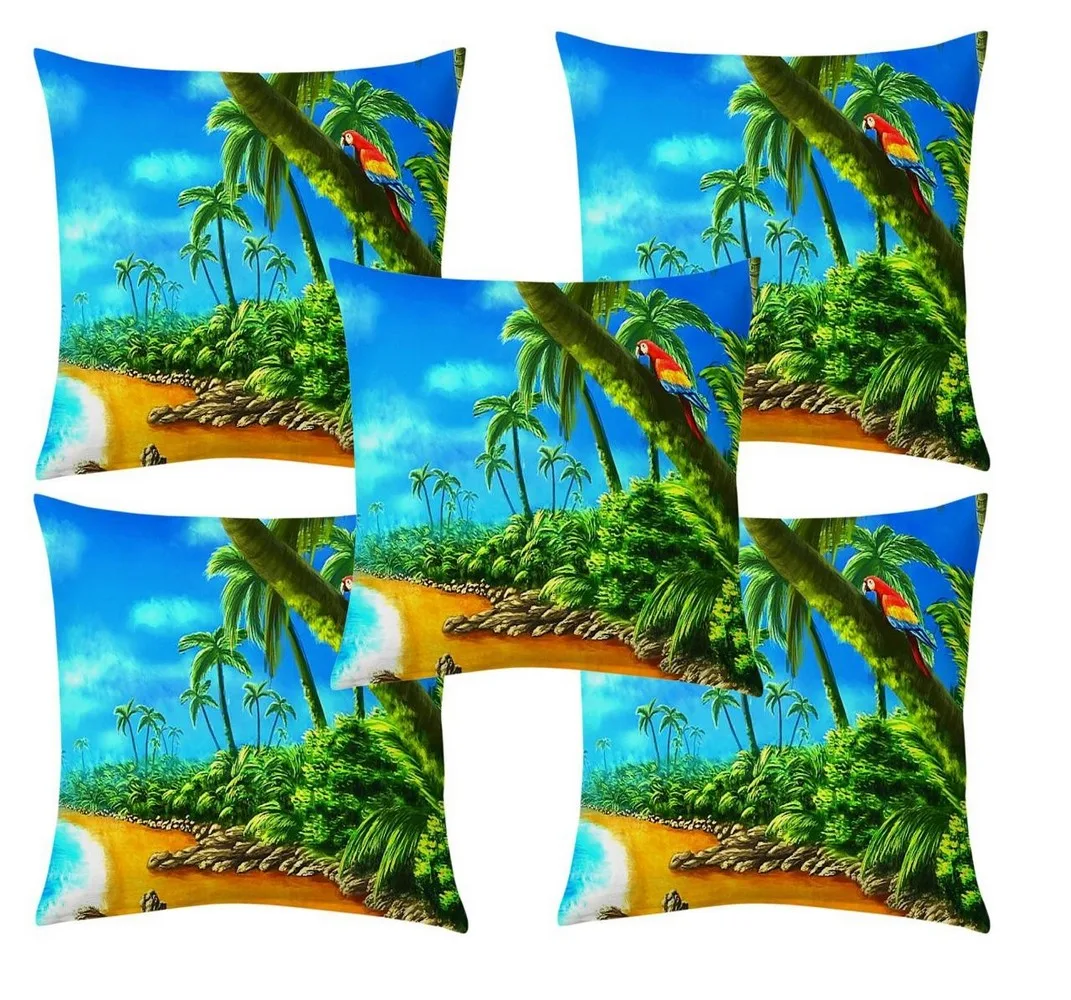 Nature Beach Jute printed cushion cover set, 16x16, Pack of 5