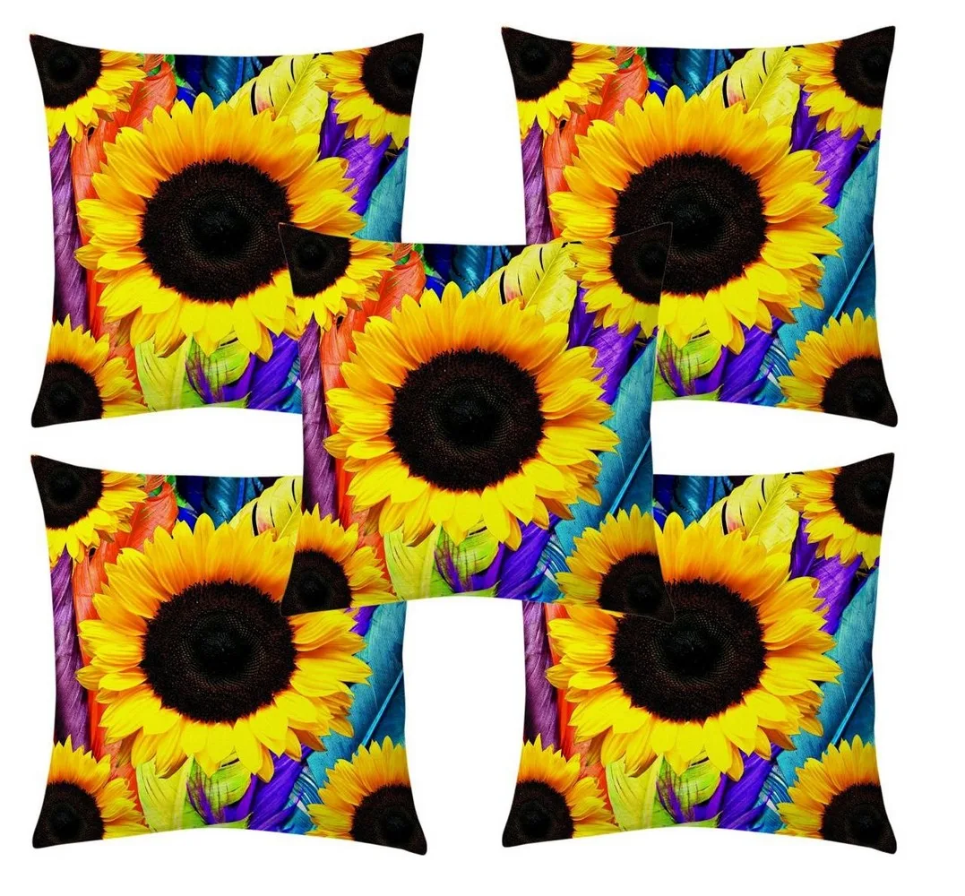 Sun Flower jute printed cushion cover premium back,  16x16 inches, Set of 5