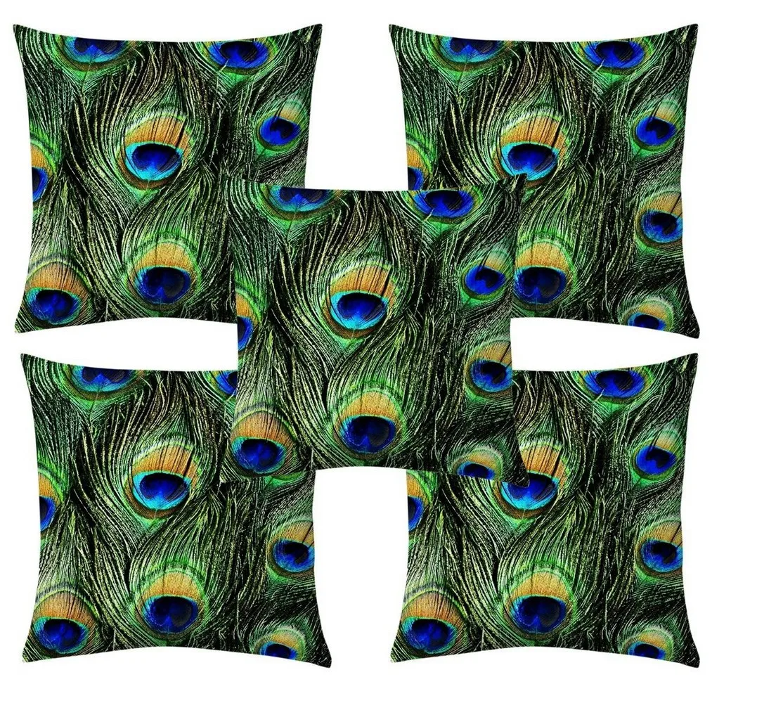 Peacock feather jute printed cushion cover premium back,  16x16 inches, Set of 5