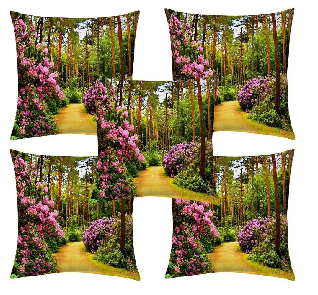 Floral Tree Lane jute printed cushion cover premium back,  16x16 inches, Set of 5