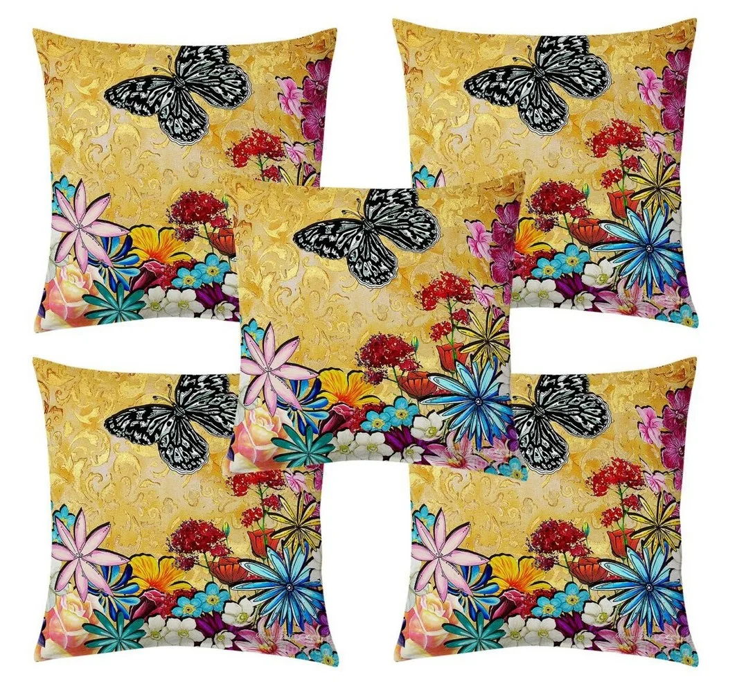 Butterfly Yellow Floral jute printed cushion cover premium back,  16x16 inches, Set of 5