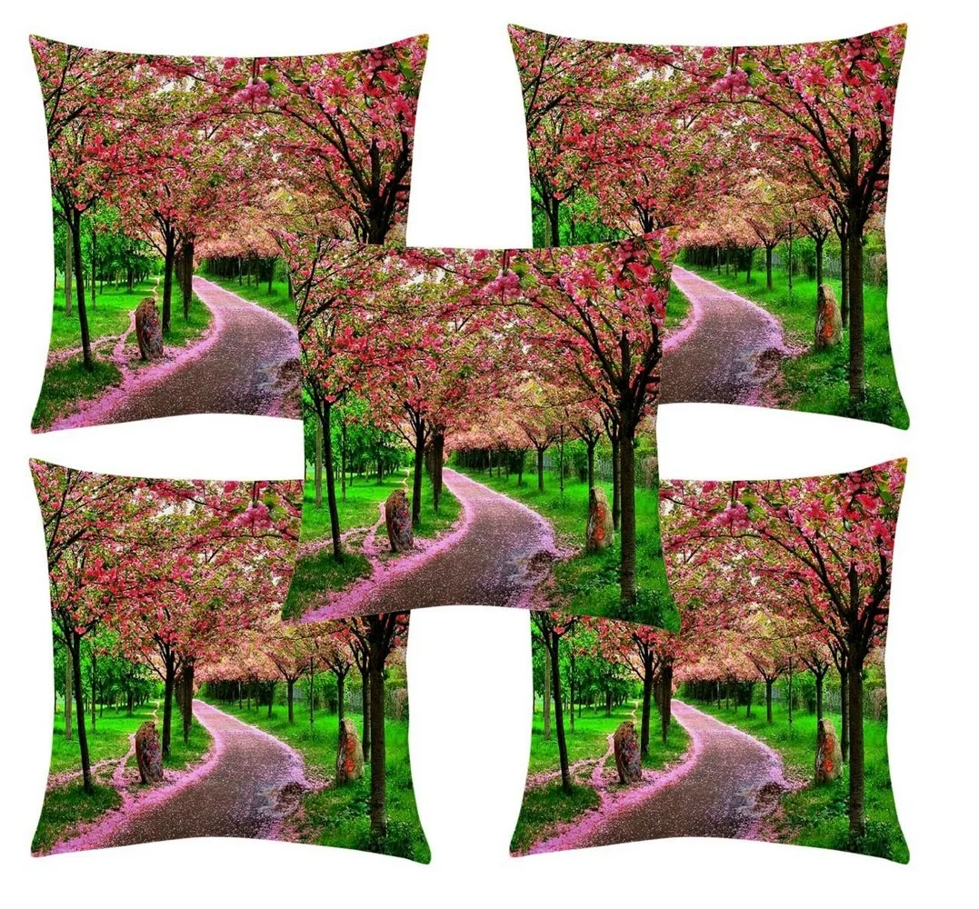 Tree park lane jute printed cushion cover premium back,  16x16 inches, Set of 5