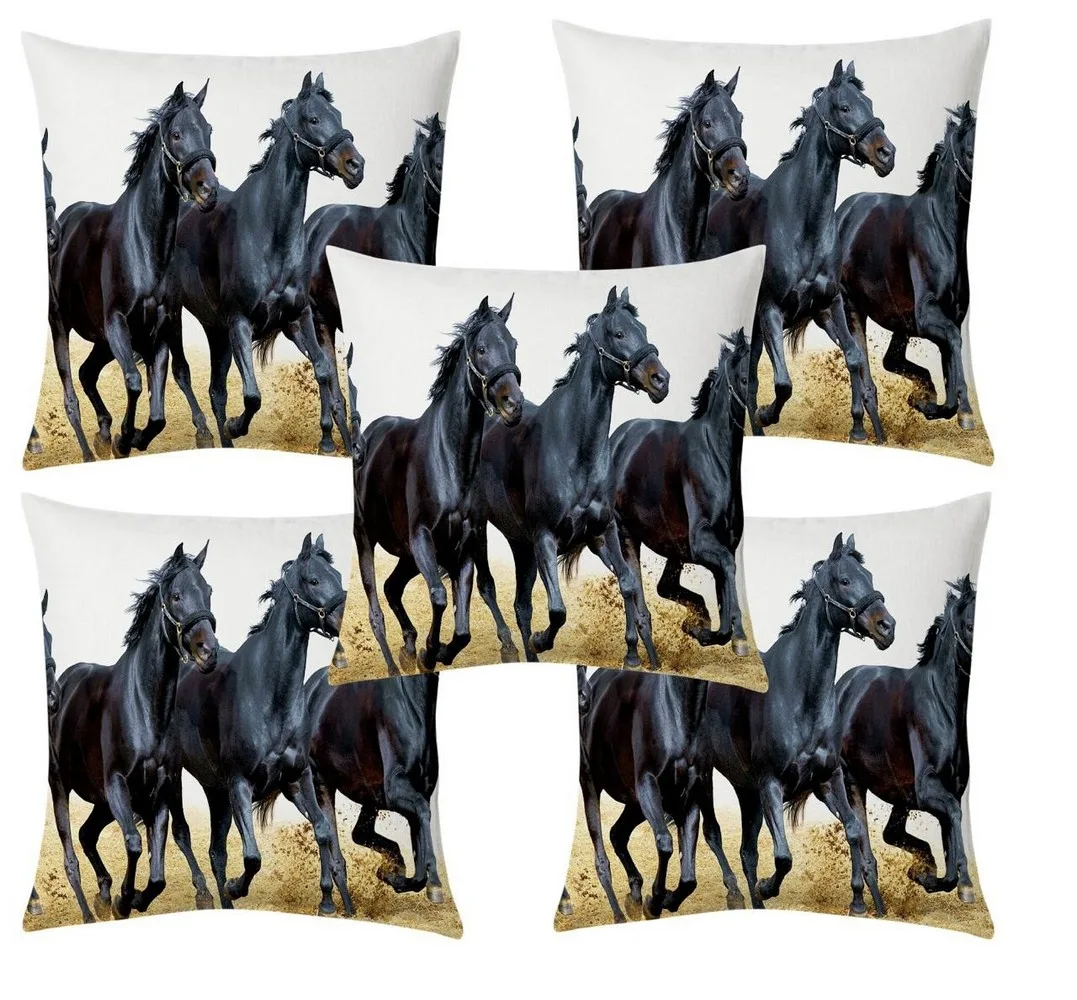 Horses jute printed cushion cover premium back,  16x16 inches, Set of 5