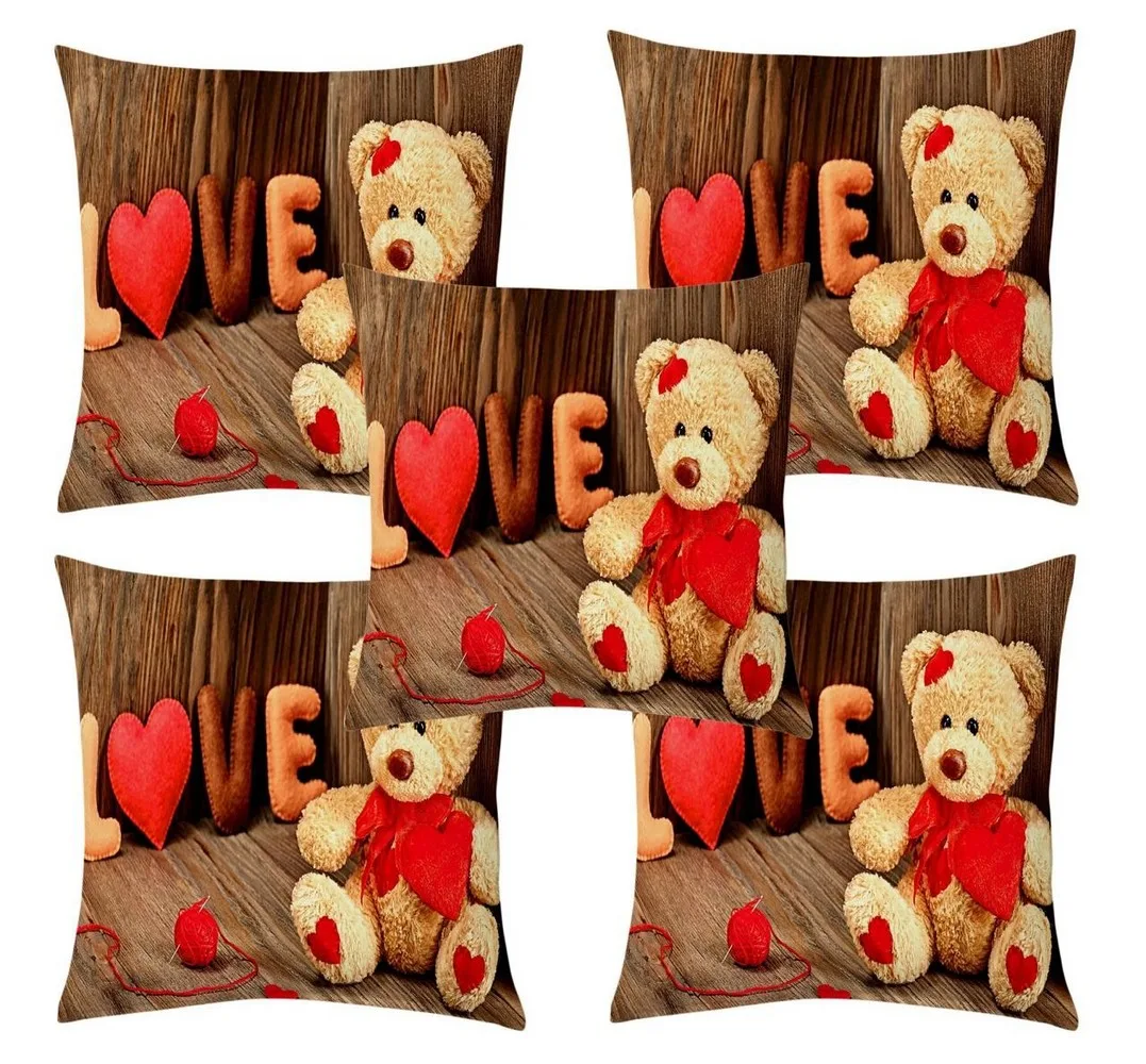 Teddy Love jute printed cushion cover premium back,  16x16 inches, Set of 5