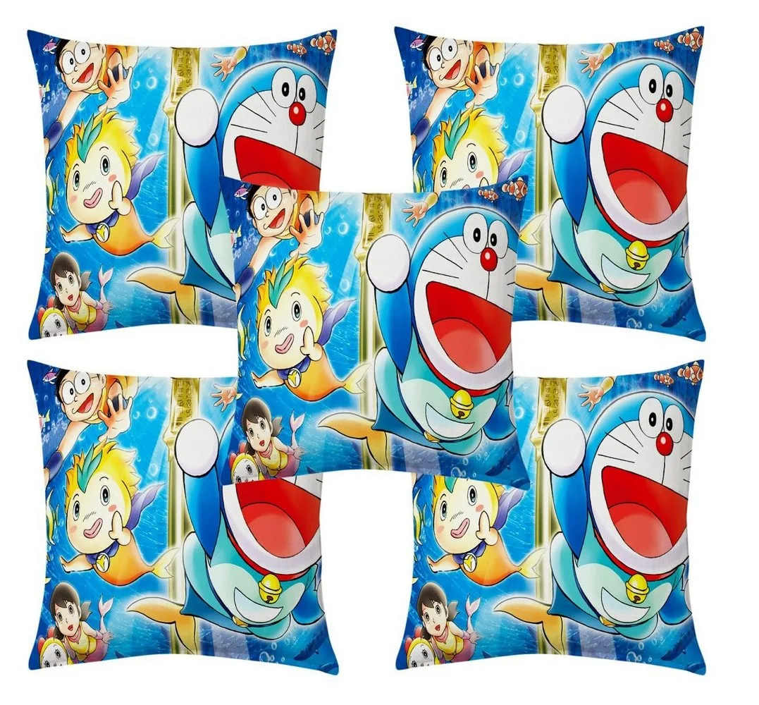 Doraemon kids cartoon jute printed cushion cover premium back,  16x16 inches, Set of 5