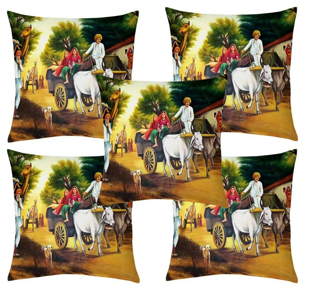 Village Family Cart Jute printed cushion cover set