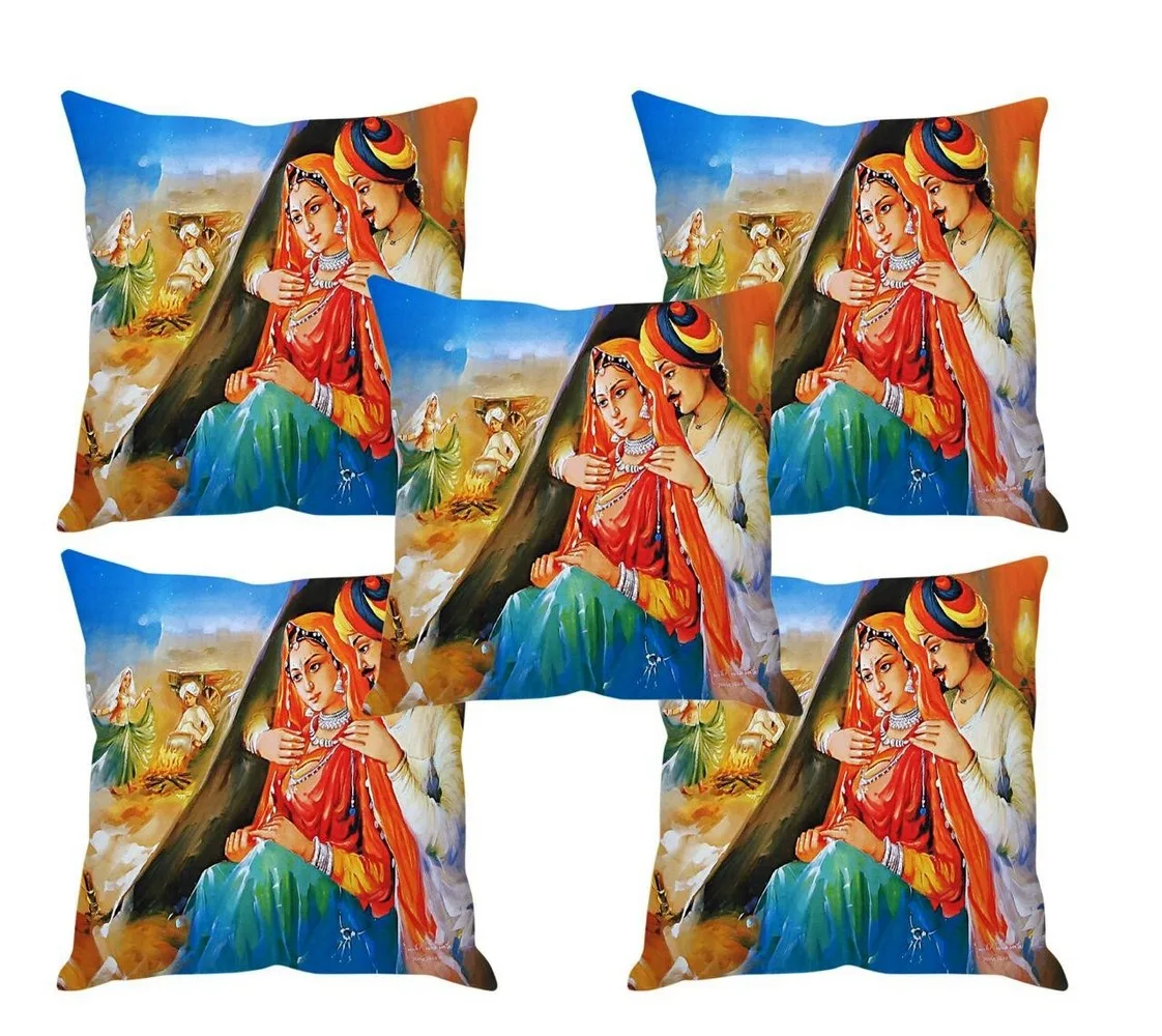 Village rajasthani couple jute printed cushion cover premium back,  16x16 inches, Set of 5