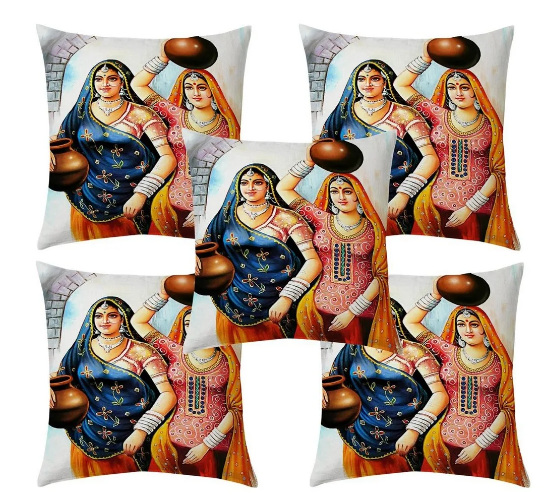 Village ladies matka jute printed cushion cover premium back,  16x16 inches, Set of 5