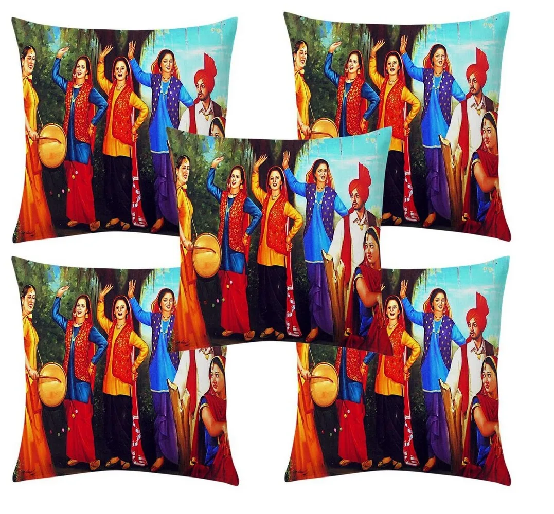 Baisakhi bhangra village jute printed cushion cover premium back,  16x16 inches, Set of 5