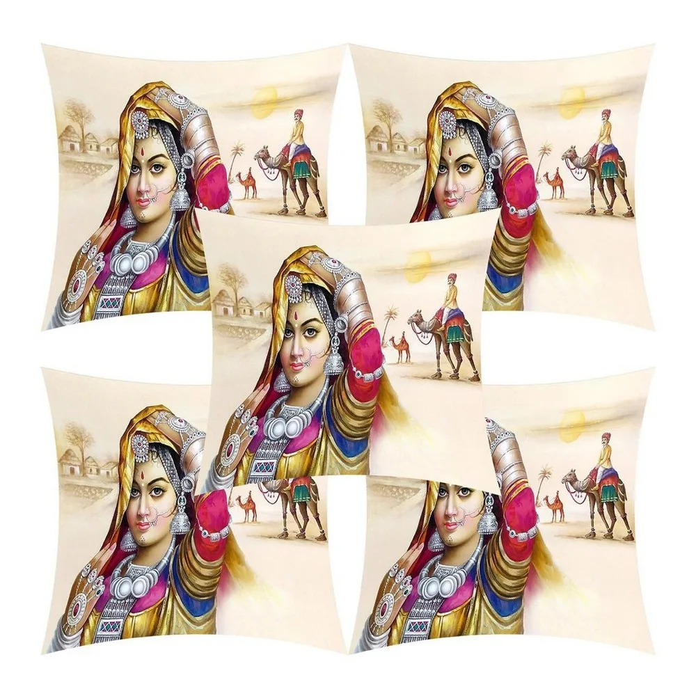 Village girl jute printed cushion cover premium back,  16x16 inches, Set of 5