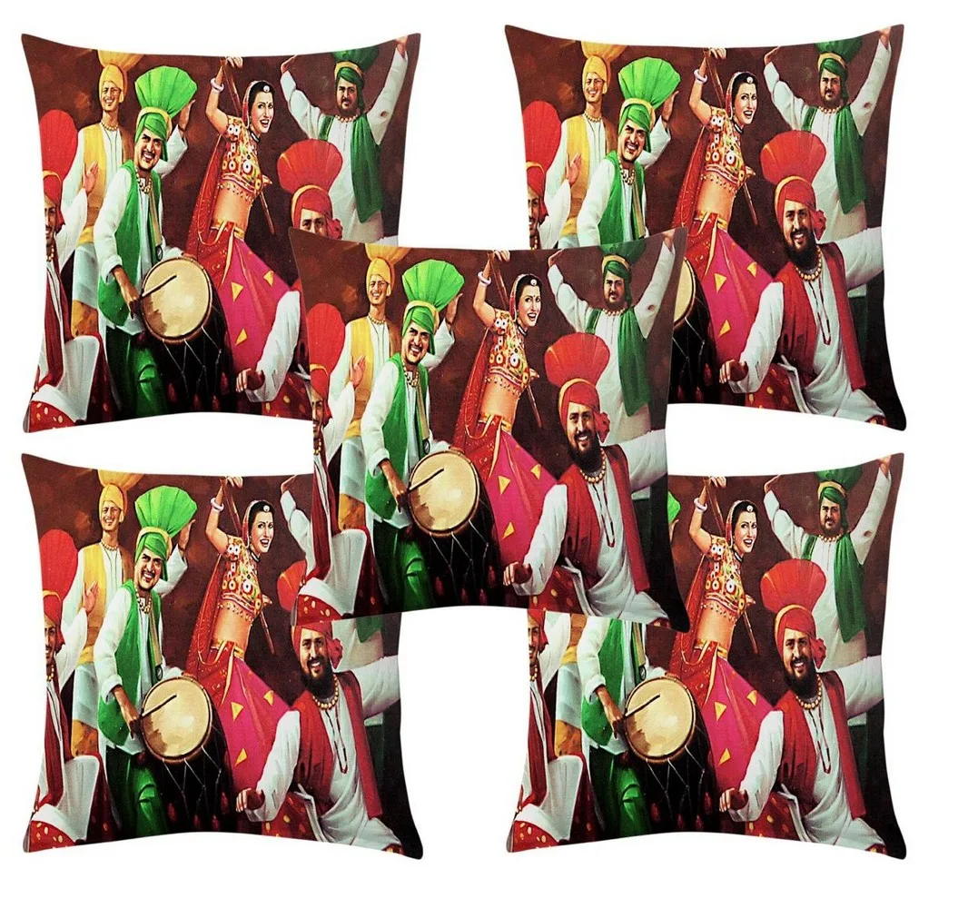Punjab bhangra dance jute printed cushion cover premium back,  16x16 inches, Set of 5