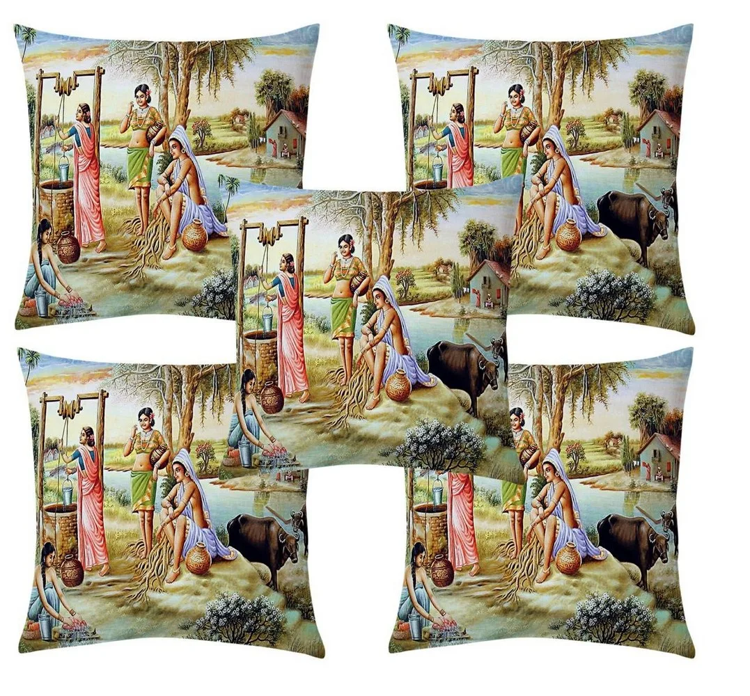 Village girls well jute printed cushion cover premium back,  16x16 inches, Set of 5