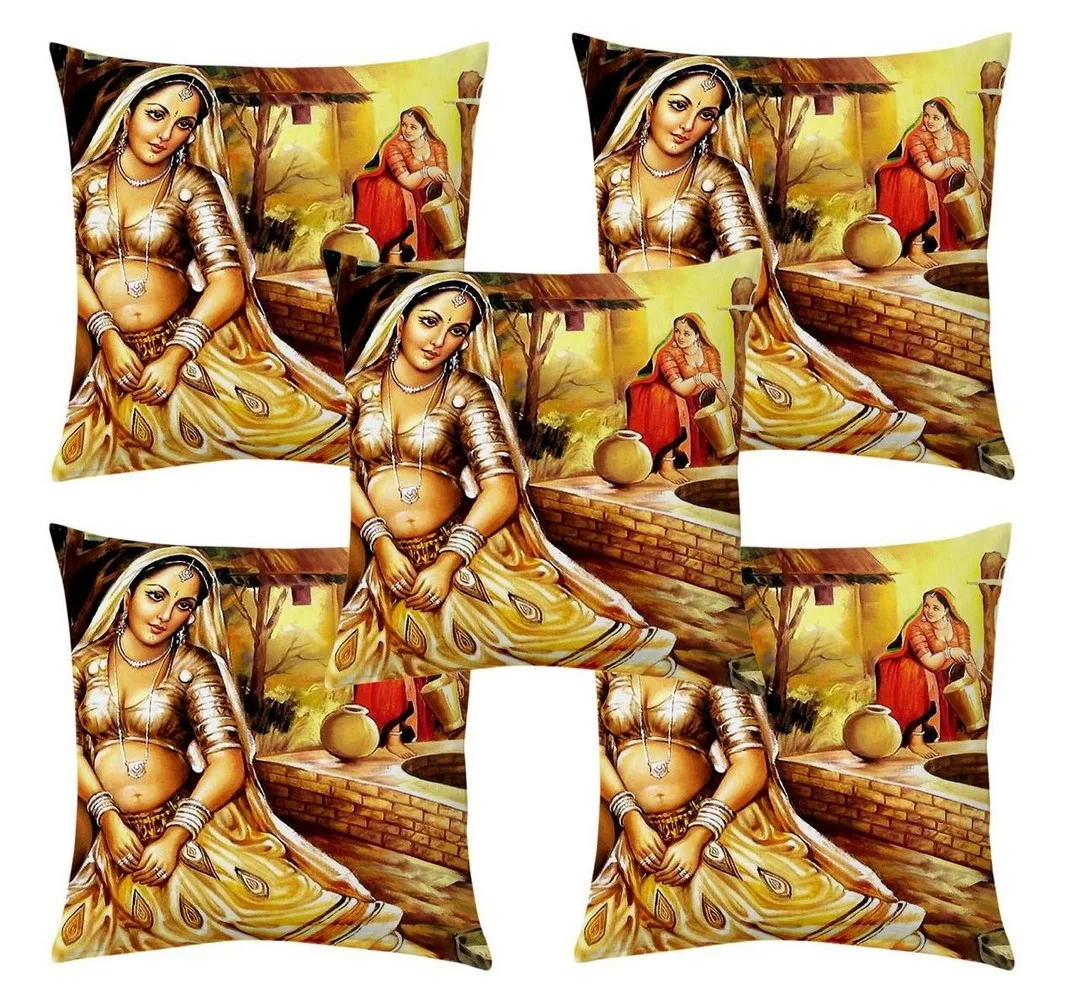 Village girl matka water jute printed cushion cover premium back,  16x16 inches, Set of 5