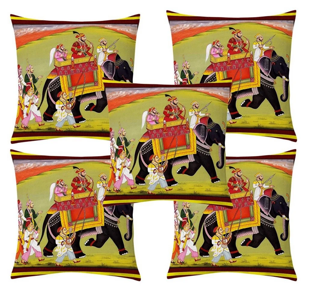 Mughal King Elephant War Jute printed cushion cover set