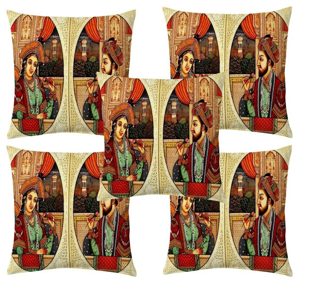 Mughal king couple jute printed cushion cover premium back,  16x16 inches, Set of 5