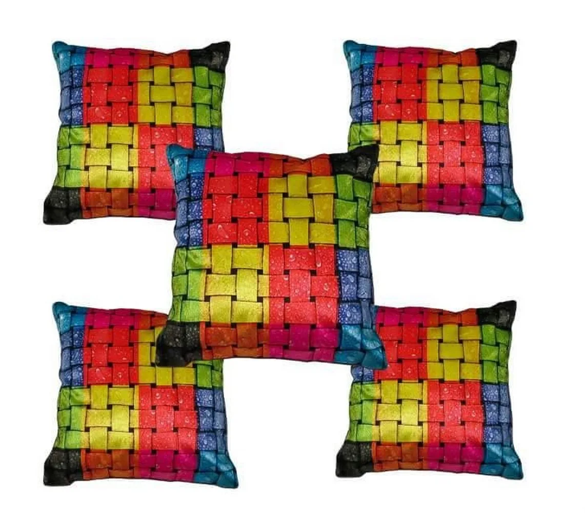 Abstract square colorful jute printed cushion cover premium back, 16x16 inches, Set of 5