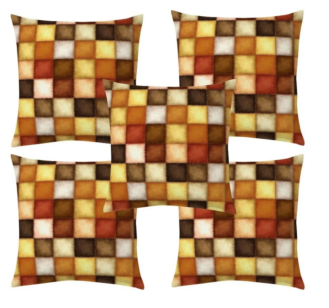 Abstract square brown jute printed cushion cover premium back,  16x16 inches, Set of 5