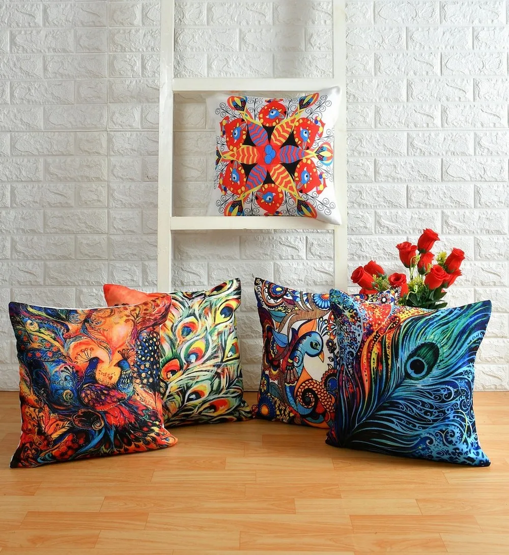 Peacock art printed jute cushion cover, 16x16, Set of 5