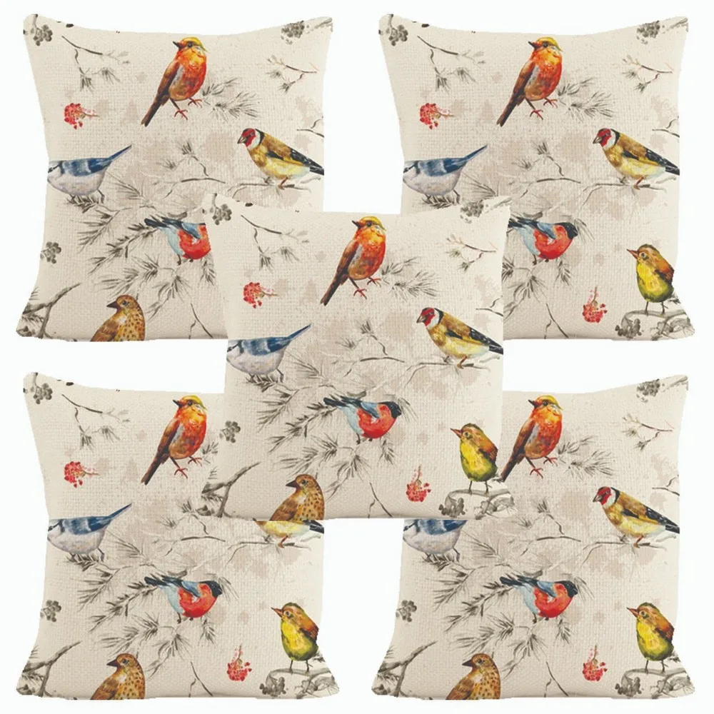 Birds on tree branch printed jute cushion cover, 16x16, set of 5